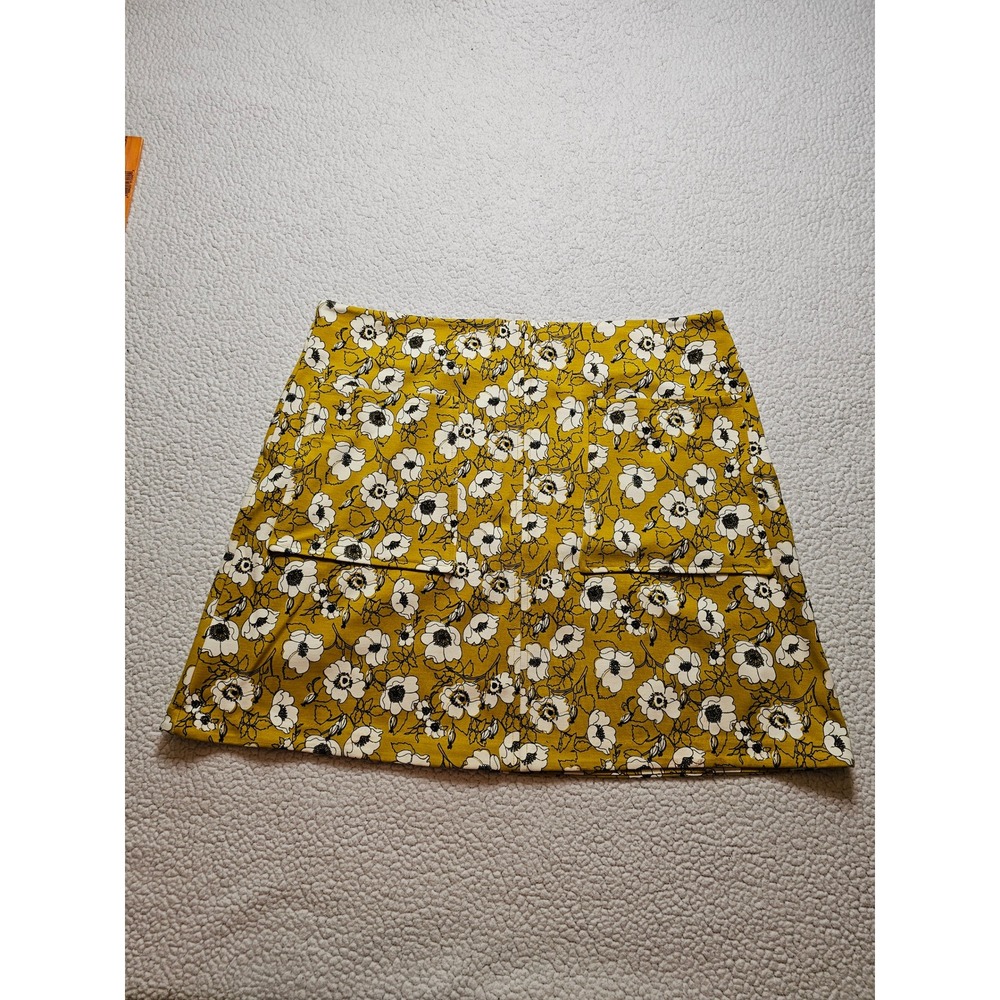 Maeve by Anthropologie Mustard Yellow Floral A-Line Mini Skirt Pockets Large